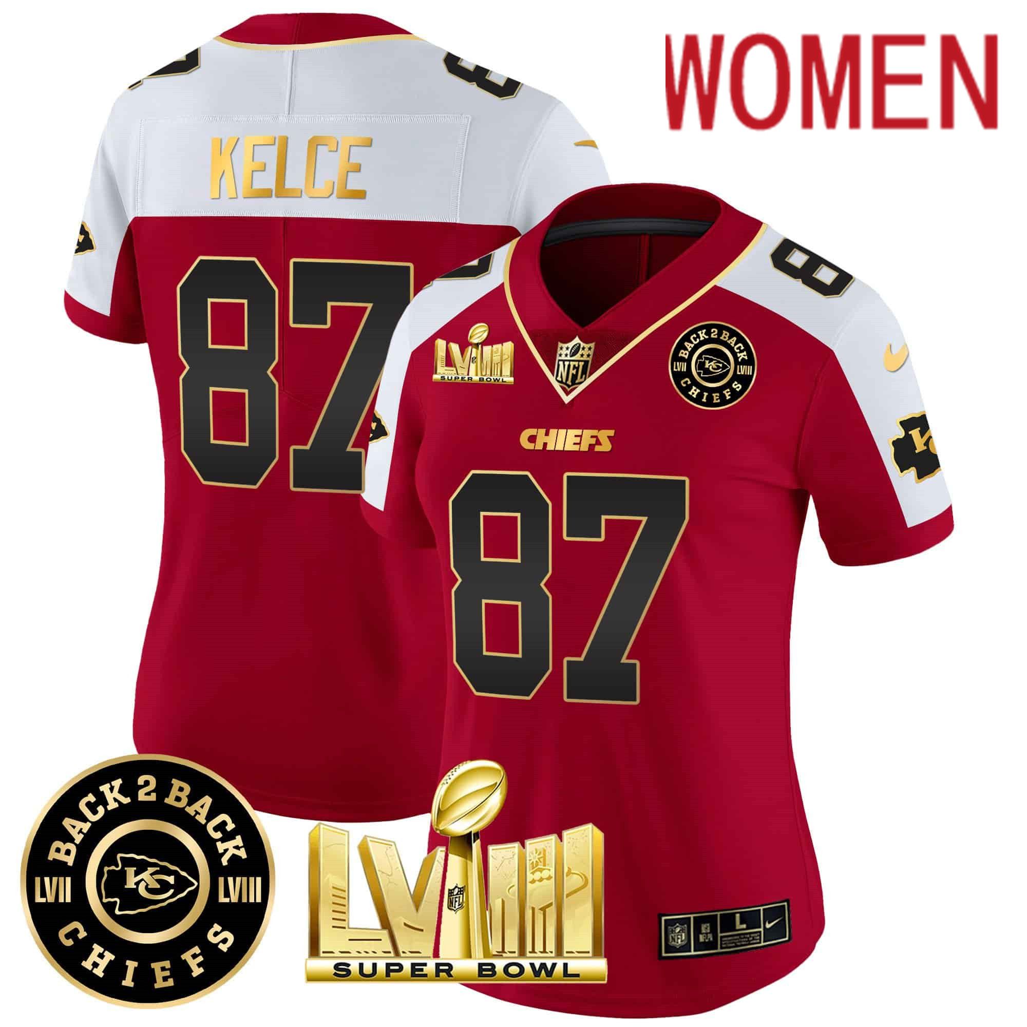 Women Kansas City Chiefs 87 Kelce Red 2024 Nike Super Bowl LVIII & Back 2 Back Patch Vapor NFL Jersey